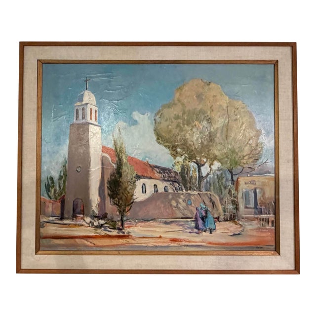 “Church at Los Corrillos” by Betty Carlson Oil on Canvas For Sale