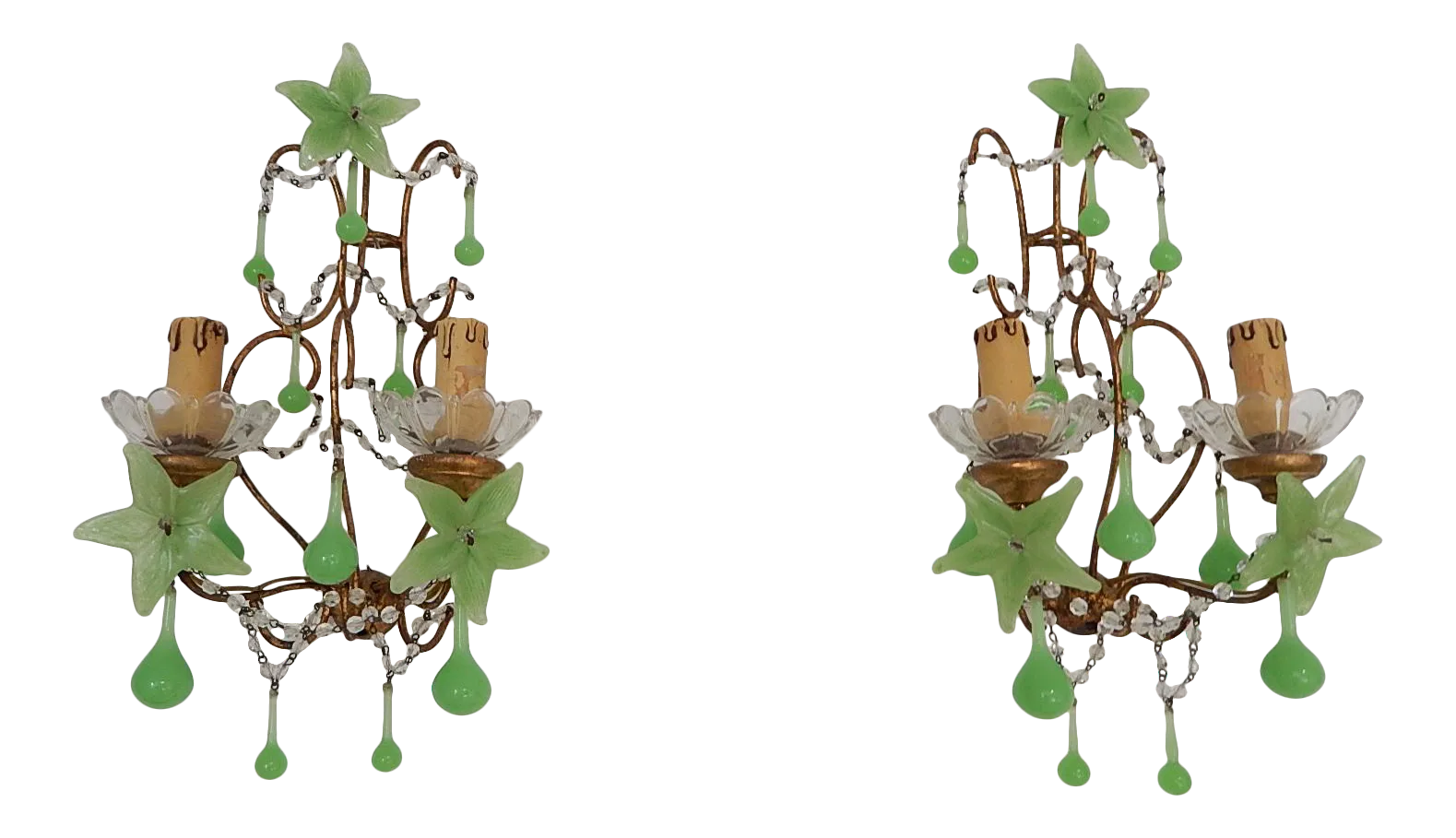 French Flower One of a Kind Green Opaline Giltwood Sconces, Circa