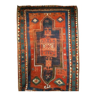 Antique Fachralo Kazak Prayer Rug, Handwoven Wool, Persimmon & Green, 4' x 6' For Sale