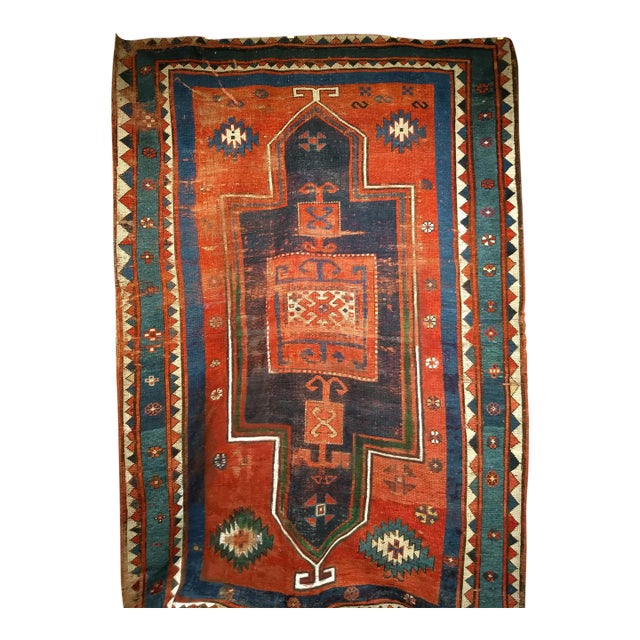 Antique Fachralo Kazak Prayer Rug, Handwoven Wool, Persimmon & Green, 4' x 6' For Sale