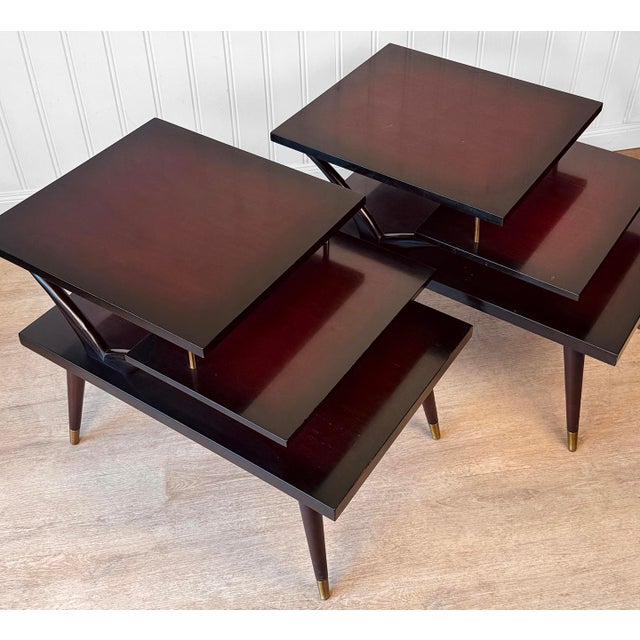 Wood Mid-Century Mahogany Sunburst Bentwood 3-Tier End Tables - A Pair For Sale - Image 7 of 13