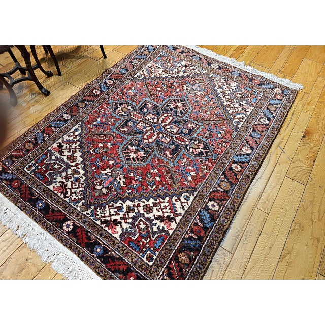 Textile Vintage Persian Heriz Rug, Hand-Knotted Wool, Geometric Medallion Pattern, Red & Navy, 5x7 For Sale - Image 7 of 15