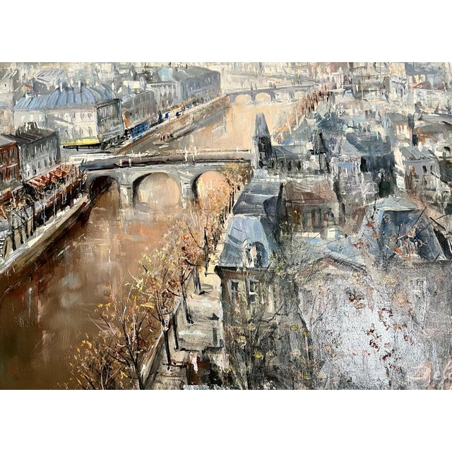 Textile Lucien DelarueLarge French Oil Painting Paris, Seine River w Bridge, Landscape, Lucien Delarue, c.1950's For Sale - Image 7 of 12