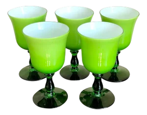 Mid Century Carlo Moretti Green White Cased Wine Glasses- Set of 5