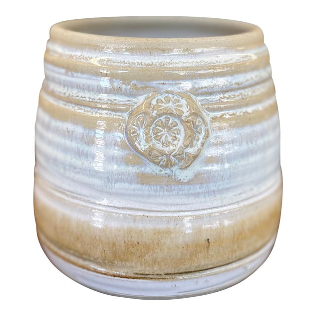 1970s Signed Studio Pottery Stoneware Vessel by Freeburg With Embossed Medallion For Sale