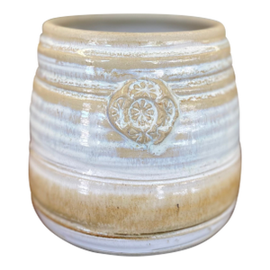 1970s Signed Studio Pottery Stoneware Vessel by Freeburg With Embossed Medallion