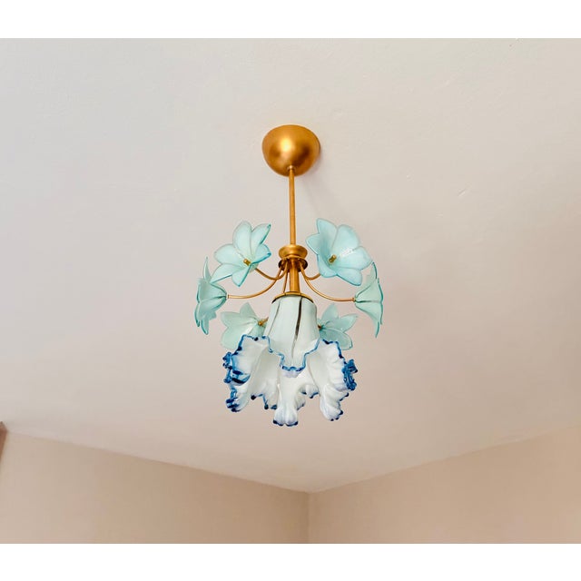 Vintage Custom Hand-Painted Italian Murano Style Light Blue Floral Pendant - Restored For Sale - Image 9 of 17