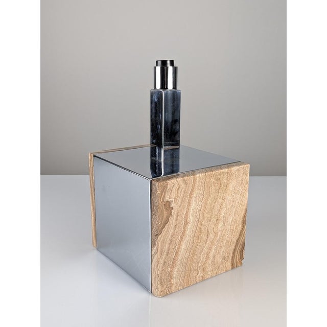 Brown Travertine Marble and Chromed Metal Table Lamp, 1960s For Sale - Image 8 of 8