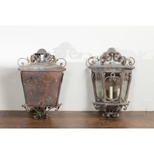 1920s French Iron Three-Light Lanterns with Scrolling Motifs and Foliage - a Pair For Sale - Image 4 of 12