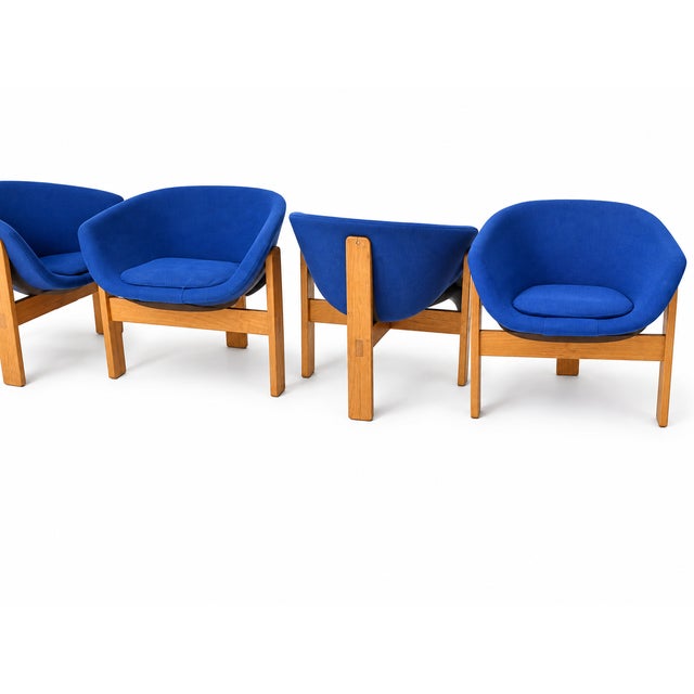 Wood Set of Four Scandinavian Modern Blue Upholstered Tub Chairs With Oak Tripod Bases For Sale - Image 7 of 7