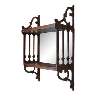 Mid 20th Century Chinese Chippendale Mahogany Fretwork Mirrored Hanging Curio Shelf Rack 24" For Sale