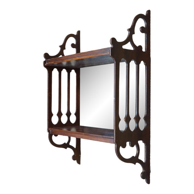 Mid 20th Century Chinese Chippendale Mahogany Fretwork Mirrored Hanging Curio Shelf Rack 24" For Sale
