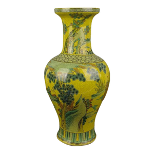 Chinese Ceramic Qing Dynasty Qianlong Marked Yellow Ground Crackle Glaze Porcelain Vase Hand Painted Figures Pattern