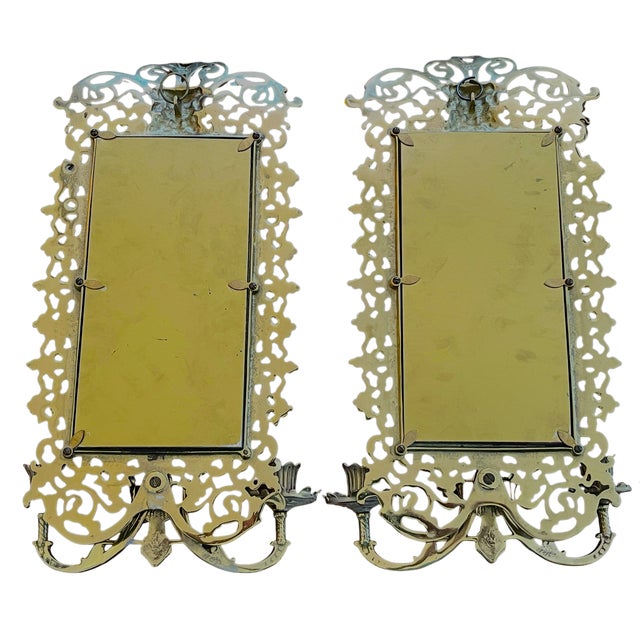 Pair of Virginia Metalcrafters Brass Wall Mirror Sconces With Green Man Motif & Candleholders For Sale - Image 10 of 13