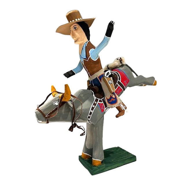 Delbert Buck Navajo Folk Art Wood Carving-Cowboy Bucking Bull Rider-Signed For Sale