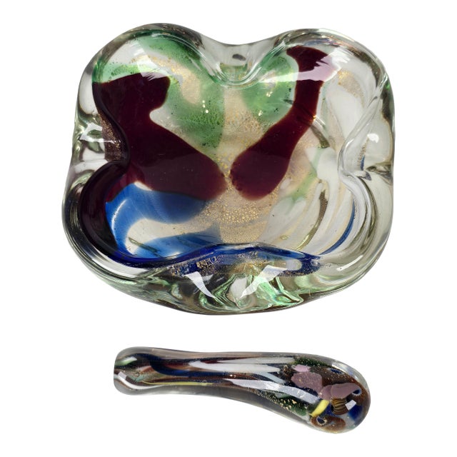 Vintage Mid Century Modenr Murano Glass Ashtray Bowl With Pestle For Sale