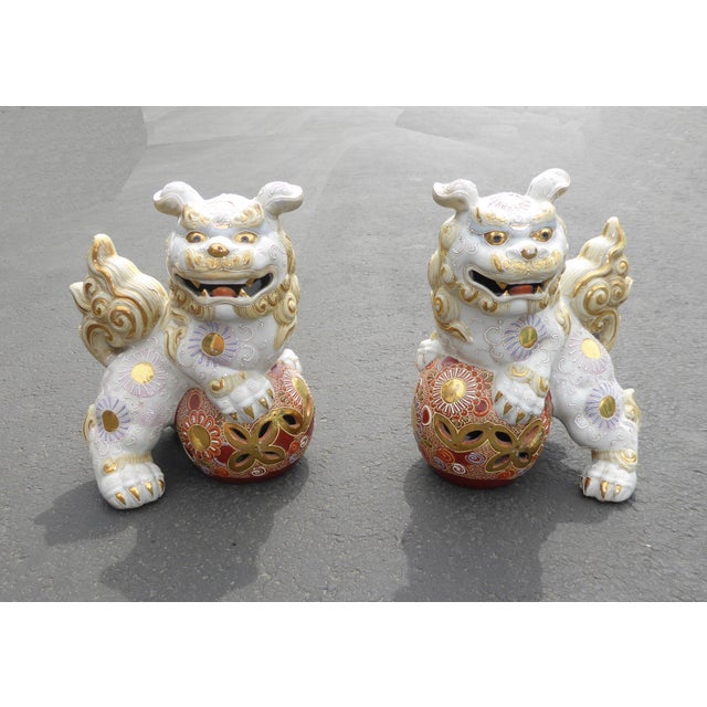 Vintage Japanese Satsuma Ornate White & Gold Porcelain Foo Dogs a