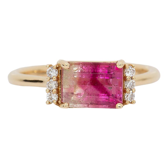 1.7cts Bi-Colorful Tourmaline Ring With Natural Diamond Accents: Solid 14k Gold For Sale