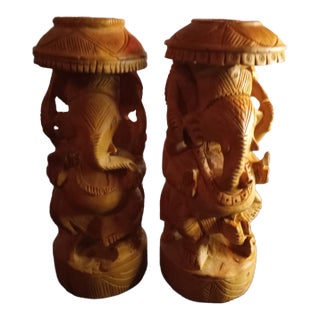 Handcarved Sandalwood Lord Ganesh Figurines - Set of 2 For Sale