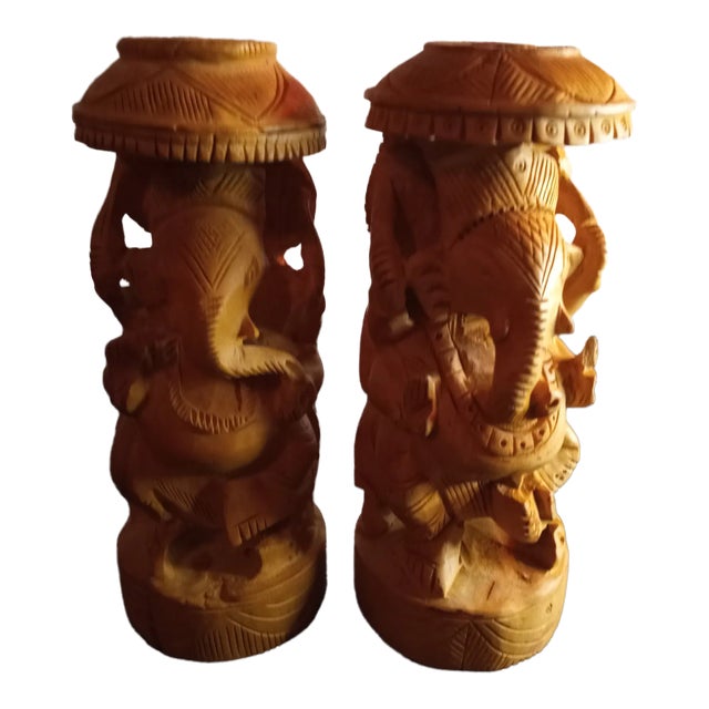 Handcarved Sandalwood Lord Ganesh Figurines - Set of 2 For Sale