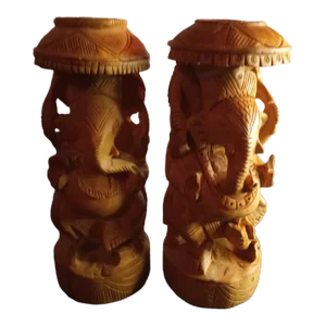 Handcarved Sandalwood Lord Ganesh Figurines - Set of 2