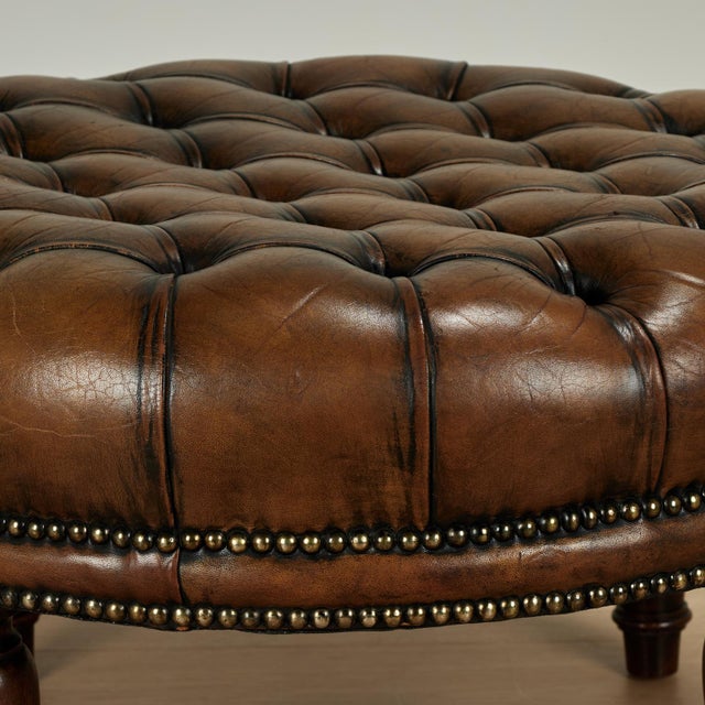 Vintage Button Tufted Leather Ottoman For Sale In West Palm - Image 6 of 12
