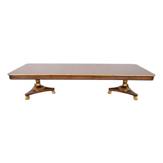 Baker Furniture Stately Homes Collection Mahogany, Burl Wood, and Parcel-Gilt Double Pedestal Extension Dining Table, Newly Restored For Sale