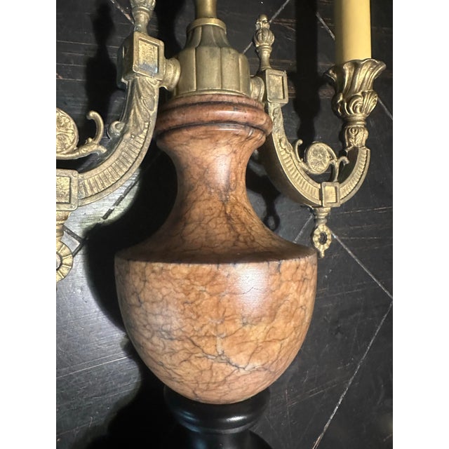 Vintage heavy antique brass candelabra style table lamp, heavy beautiful rounded marble center and base. Has Center...