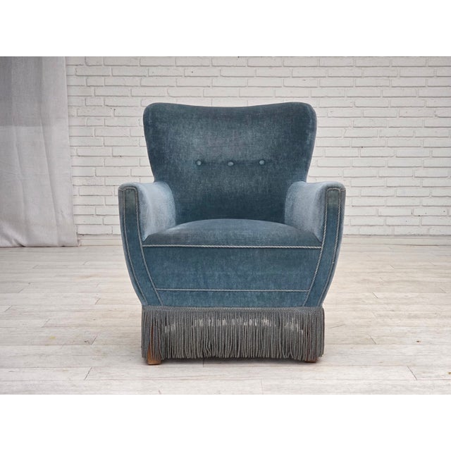 Set of Vintage Danish Chair with Ottoman in Blue Furniture Velour and Oak, 1960s For Sale - Image 9 of 18