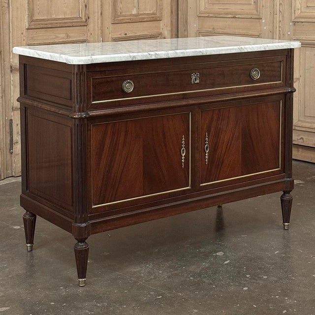 19th Century French Louis XVI Mahogany Buffet ~ Credenza with Carrara Marble makes an elegant yet tailored statement,...