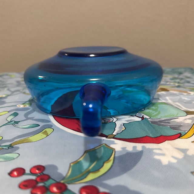 Glass Vintage Mid-Century Modern Empoli Italian Hand-Blown Blue Art Glass Bowl With Curled Applied Handle For Sale - Image 7 of 7
