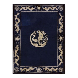 1900s Blue Navy Dragon Crane Medallion Antique Chinese Peking Carpet Rug For Sale
