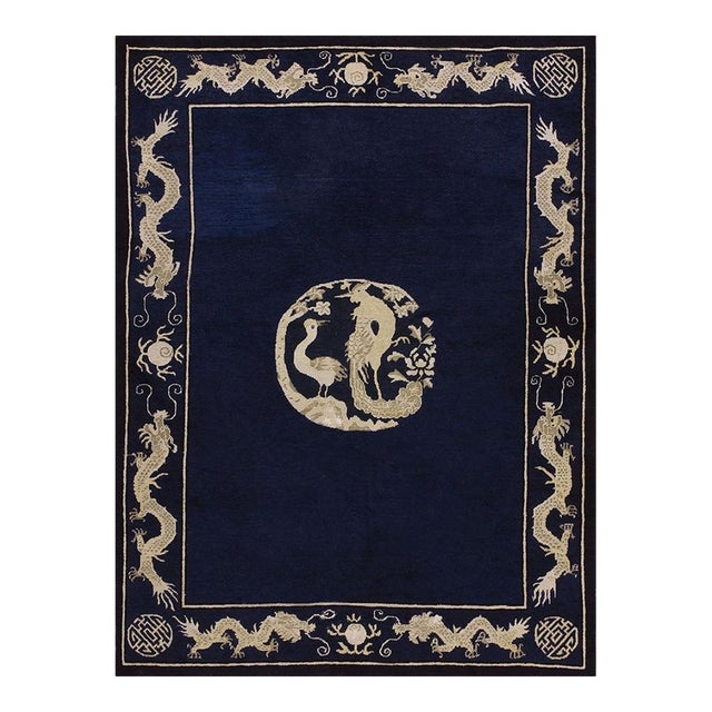 1900s Blue Navy Dragon Crane Medallion Antique Chinese Peking Carpet Rug For Sale