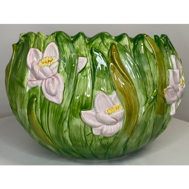1980s Fitz and Floyd planter features blush lotus with yellow and green leaf relief. Motif is 360 around the vintage...