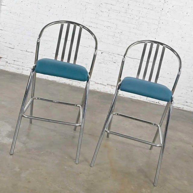 Late 20th Century Modern Industrial Chrome & Blue Fabric Bar Height Barstools a Pair For Sale - Image 5 of 13
