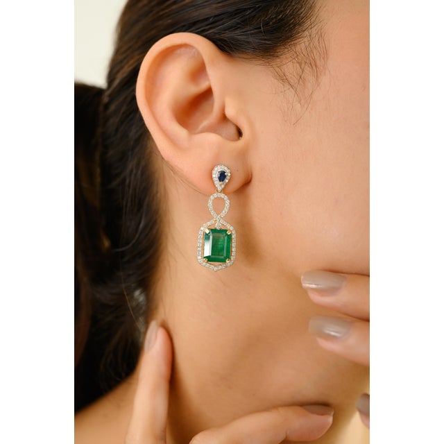 Metal 14k Gold Emerald Sapphire & Diamond Statement Earrings- A Pair For Sale - Image 7 of 10