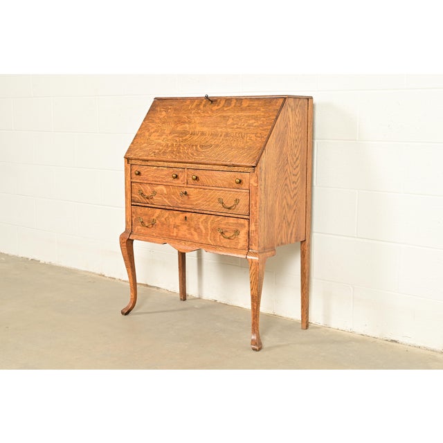 Berkey & Gay Style Antique Victorian Tiger Oak Slant Front Secretary Desk, Circa 1900 For Sale - Image 14 of 14