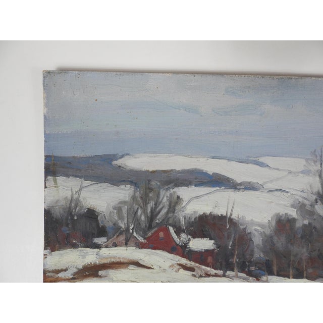 Rustic Early 20th Century Snowy Winter Farm Landscape Painting For Sale - Image 3 of 8