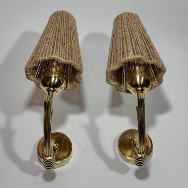 Gold Scandinavian Modern Wall Lamps in Brass with Rope Shades, Sweden, 1940s, Set of 2 For Sale - Image 8 of 10