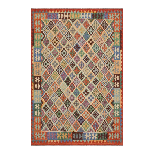 Shabby Chic Kilim Beige Rust Wool Rug - 5'8" X 7'6" For Sale