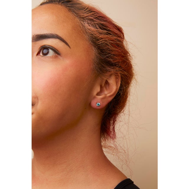 14K Yellow Gold 1.0 Cttw Treated Aqua Blue Diamond Classic Solitaire Stud Earrings (Aqua Blue Color, I2-I3 Clarity) For Sale - Image 4 of 5