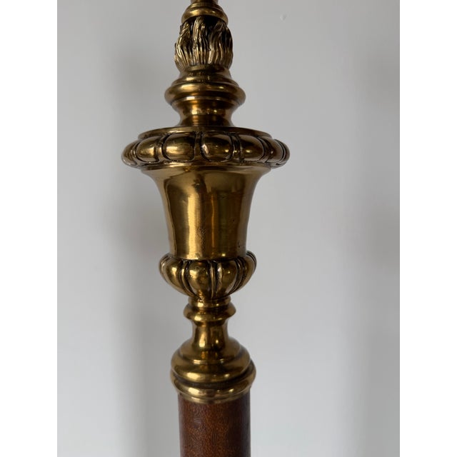 Vintage Neoclassical Style Brass & Leather Column Floor Lamps — A Pair For Sale - Image 11 of 12