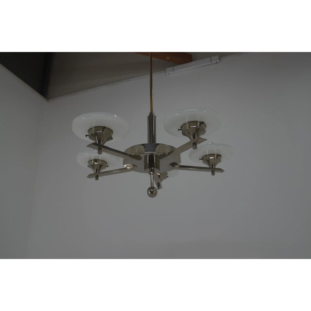 5-flaming chrome-plated chandelier with shades from opaline glass. 5x60W, E27 or E26 bulbs, rewired, polished. One shade...