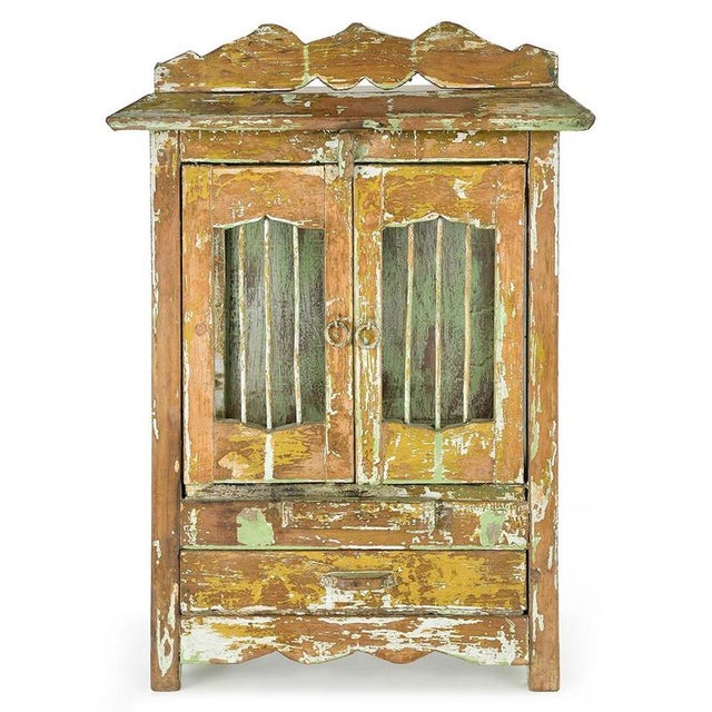 Wood Display Cabinet in Patinated Solid Wood with 2 Drawers For Sale - Image 7 of 7