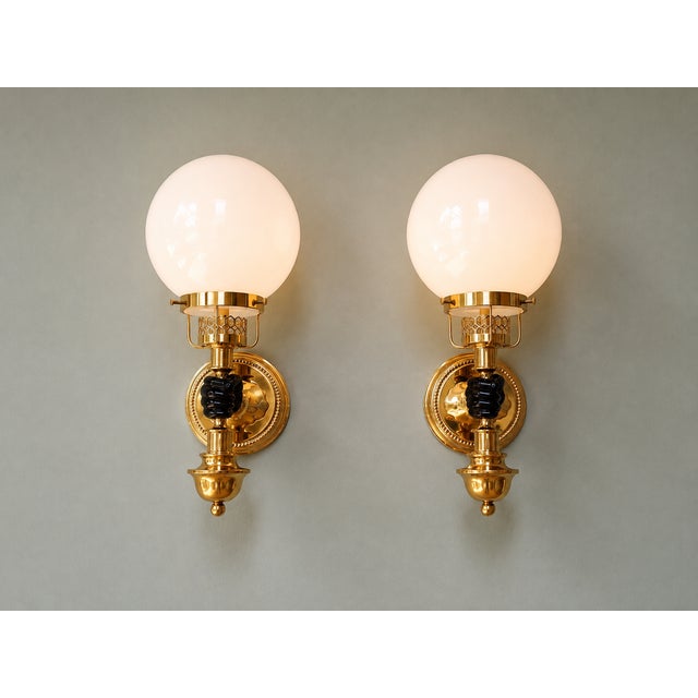 Hollywood Regency Brass Wall Sconces with White Opaline Glass Globes, 1970s, Set of 2 For Sale - Image 4 of 13