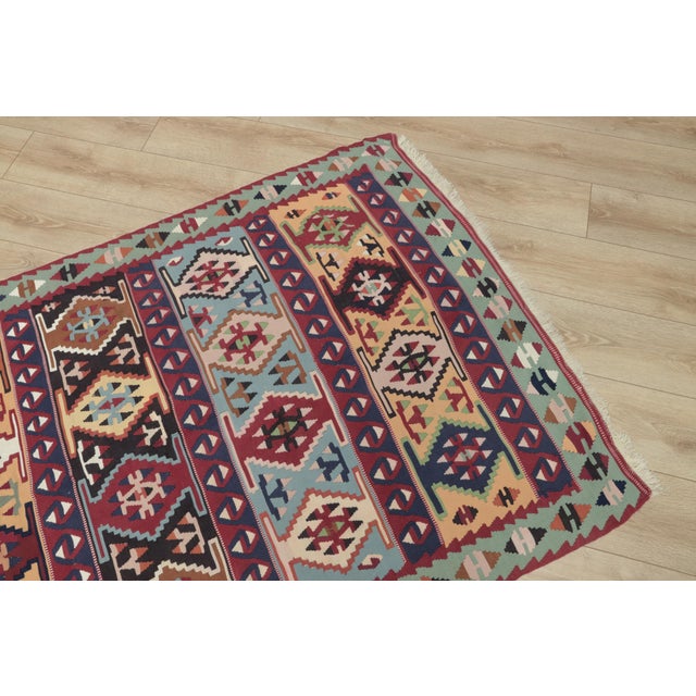 Red 1970s Turkish Tribal Style Geometric Design Multicolor Hand Knotted Oushak Kilim Runner Rug For Sale - Image 8 of 13