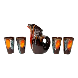 French Mid-Century Modern Vallauris Bird Pitcher and Four Cups Set