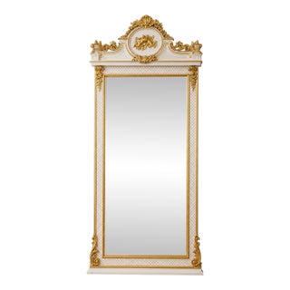 Luxury French Neoclassical Floor Mirror – White & Gold Leaf Frame With Ornate Decorative Pediment For Sale