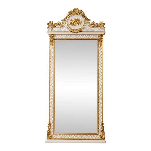Luxury French Neoclassical Floor Mirror – White & Gold Leaf Frame With Ornate Decorative Pediment For Sale