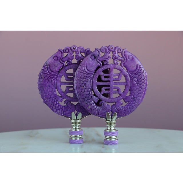 Chinoiserie Kissing Koi Fish Lamp Finials on Chrome Hardware - A Matching Pair For Sale - Image 3 of 8